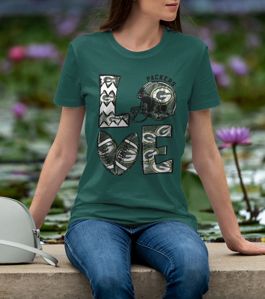 Packers Love Football Helmet And Ball Green Bay Packers T-Shirt