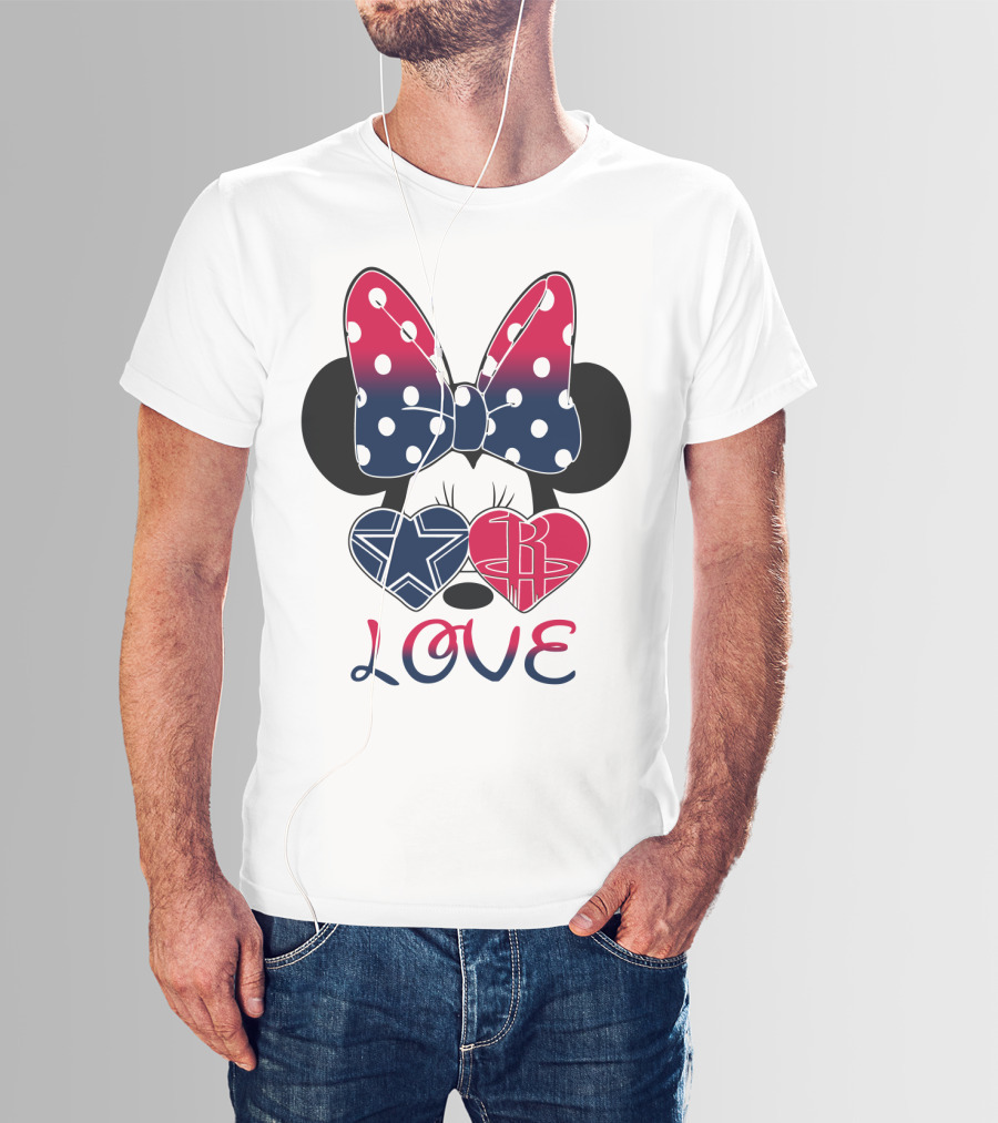 Love Minnie Bow Dallas Cowboys Houston Rockets Hearts T-Shirt
