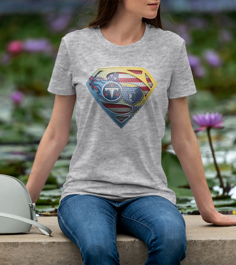Tennessee Titans And Memphis Grizzlies Superman Shield American Flag T-Shirt