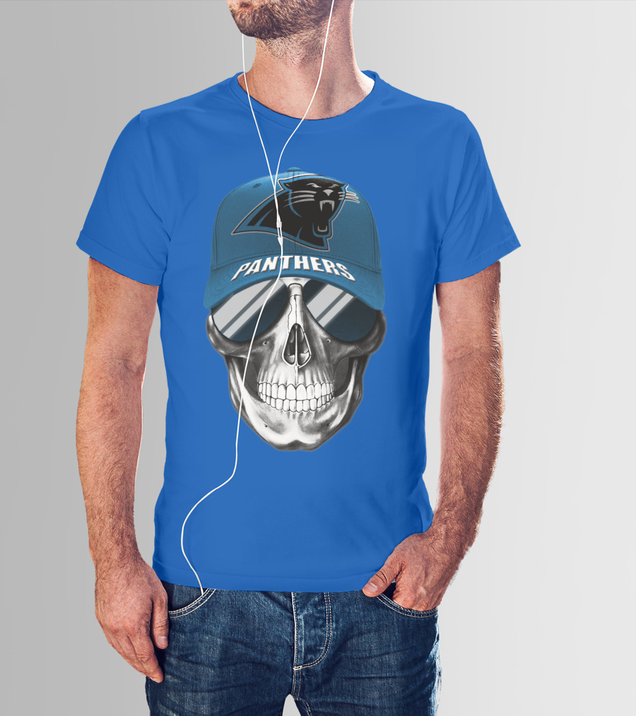 Carolina Panthers Skull Wearing Team Hat And Sunglasses T-Shirt