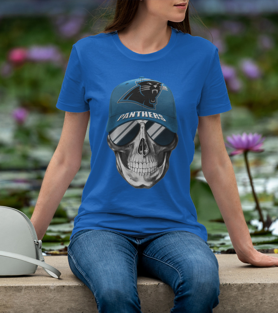 Carolina Panthers Skull Wearing Team Hat And Sunglasses T-Shirt