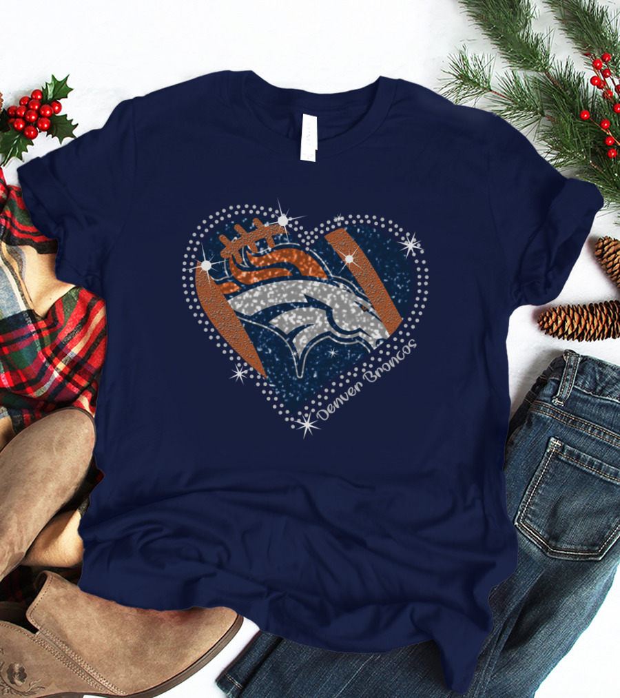 Denver Broncos Football Heart Sparkle T-Shirt