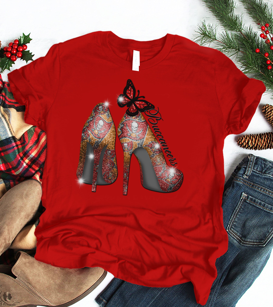 Buccaneers Heels With Red And Gold Skull Pattern Butterfly Accent T-Shirt
