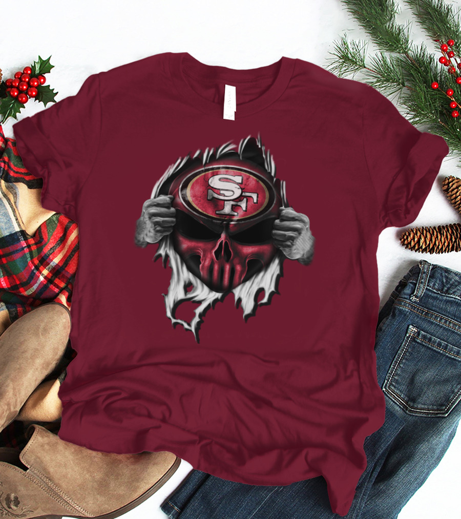 San Francisco 49ers Skull Sf Emblem Red Torn T-Shirt