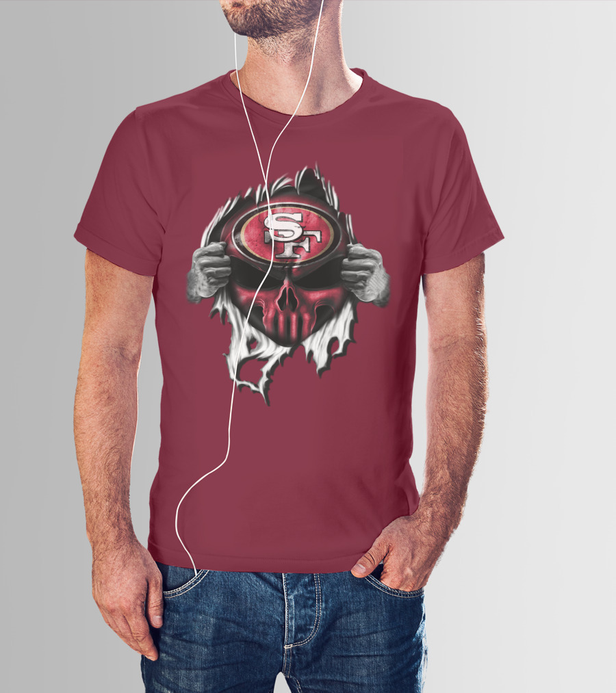 San Francisco 49ers Skull Sf Emblem Red Torn T-Shirt