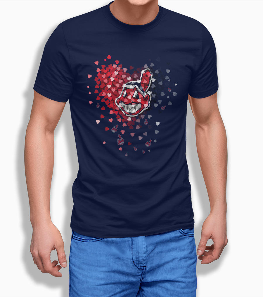 Cleveland Indians Heart Logo With Feathered Chief Wahoo In Blue And Red T-Shirt