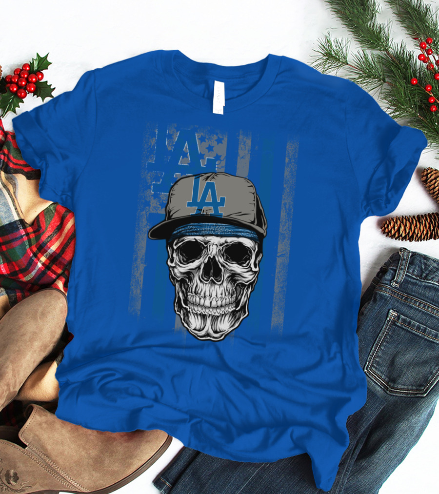 Los Angeles Dodgers Skull With La Cap And Stars T-Shirt