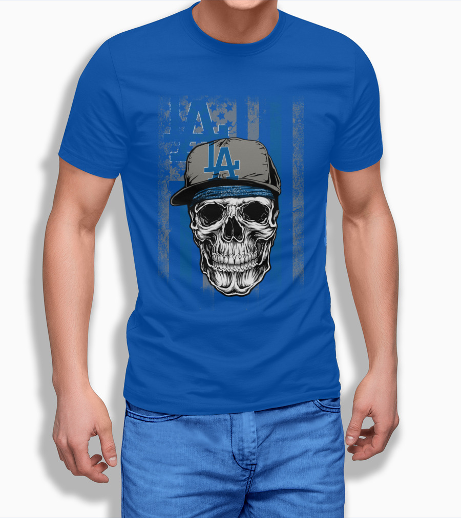 Los Angeles Dodgers Skull With La Cap And Stars T-Shirt