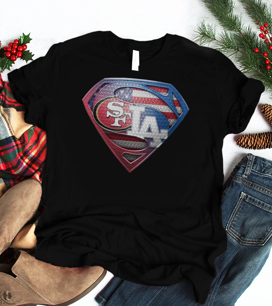 San Francisco 49ers Los Angeles Dodgers American Flag Superman T-Shirt