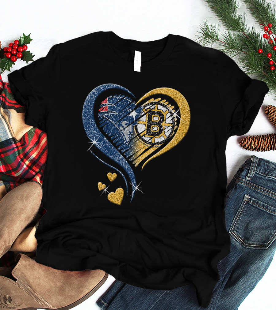 New England Patriots Boston Bruins Heart Design T-Shirt