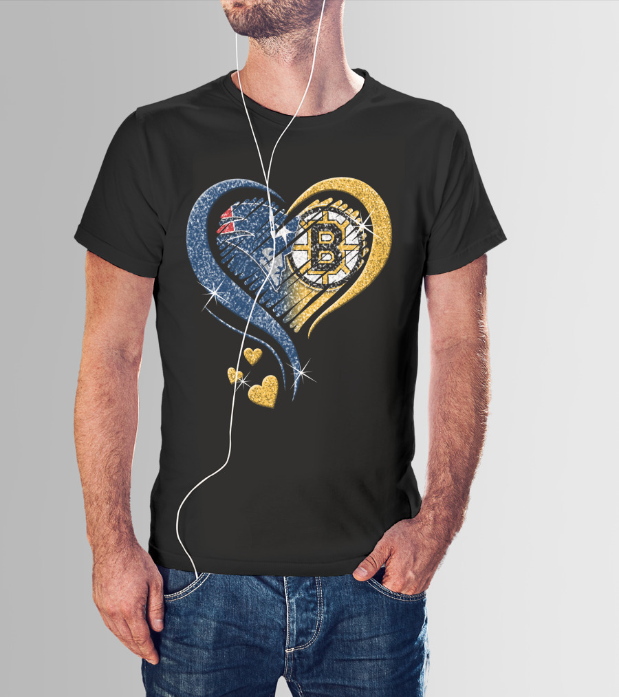 New England Patriots Boston Bruins Heart Design T-Shirt