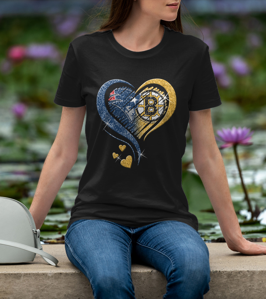 New England Patriots Boston Bruins Heart Design T-Shirt