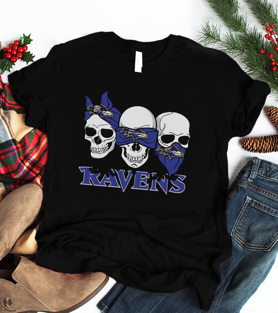 Baltimore Ravens Three Skulls Bandana Logo Ravens T-Shirt