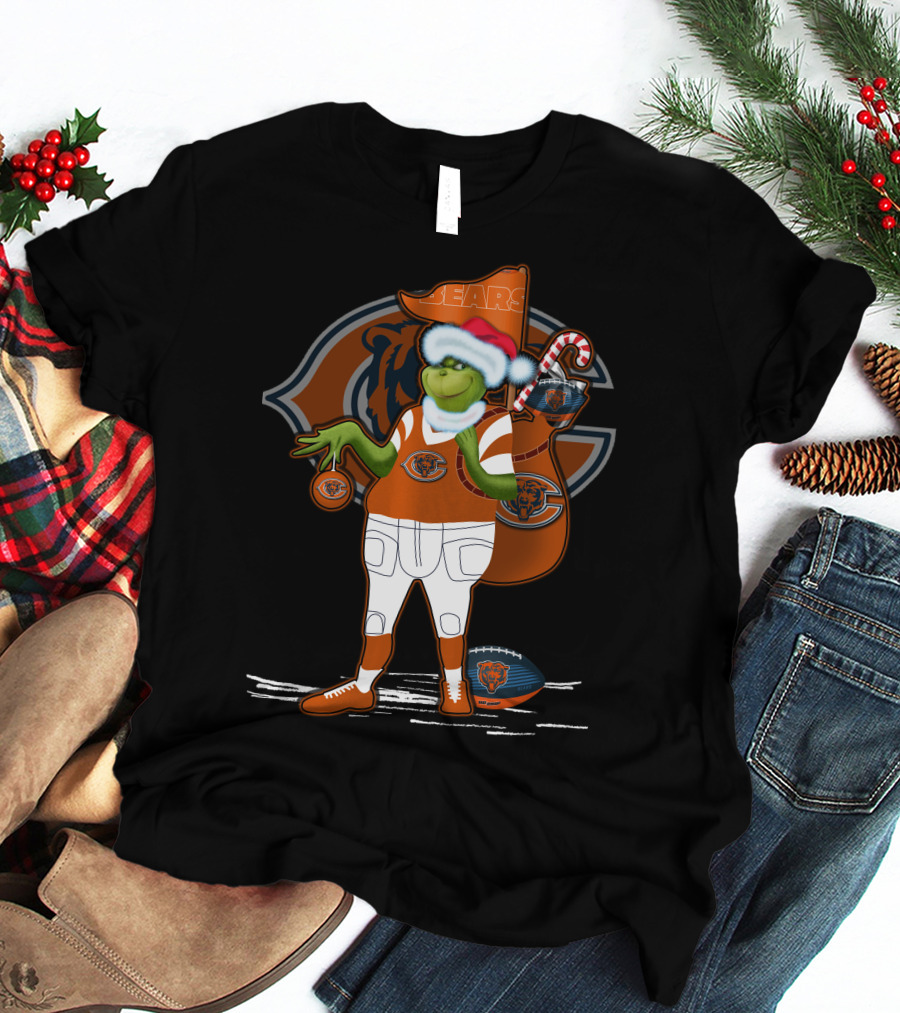 Grinchxmas Chicago Bears Santa Hat Candy Cane Football Sack T-Shirt