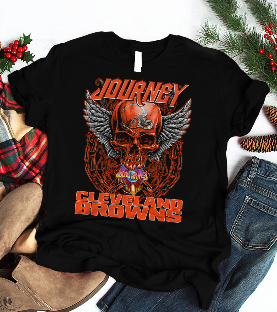 JOURNEY CLEVELAND BROWNS Winged Skull Helmet Flame Chains T-Shirt