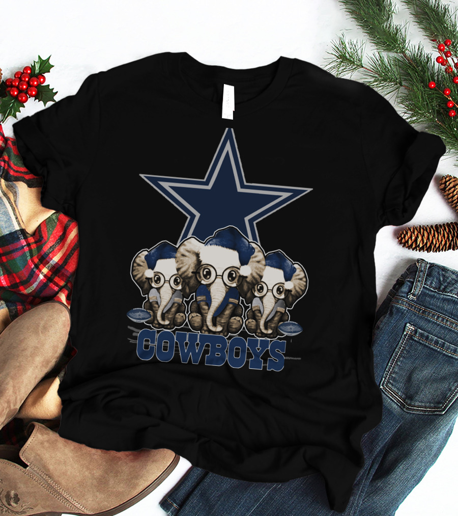Dallas Cowboys Christmas Elephant Trio With Star T-Shirt