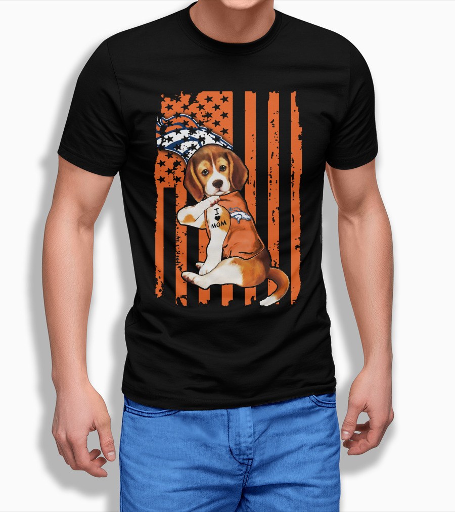 Beagle I Love Mom Denver Broncos Stars Stripes Flag T-Shirt