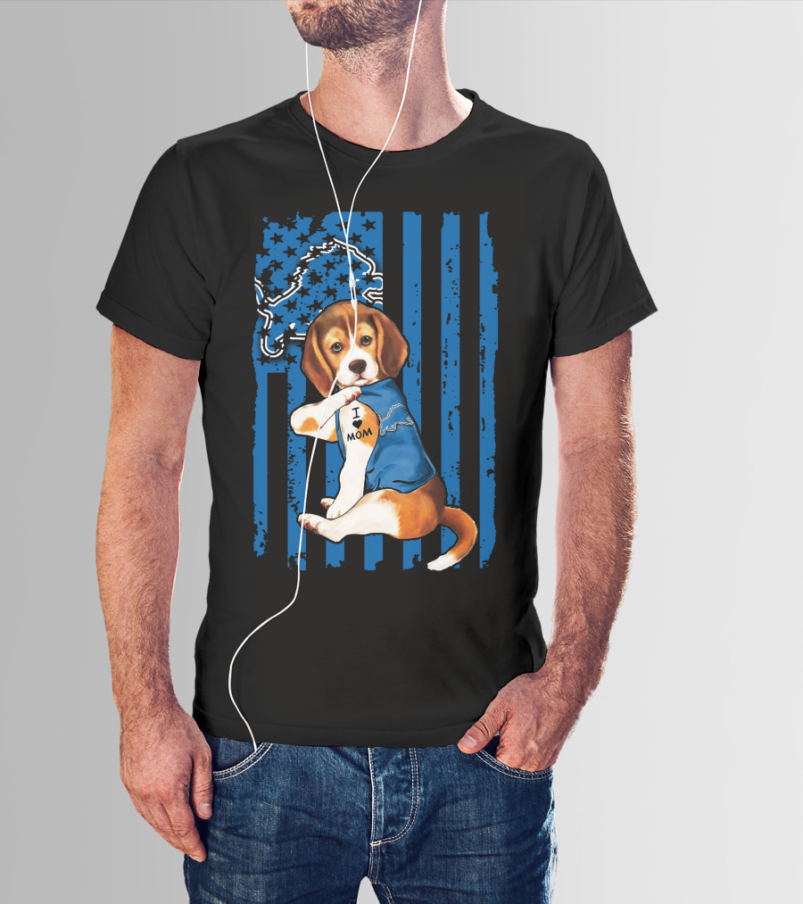 Beagle Detroit Lions I Love Mom Blue Stripes T-Shirt