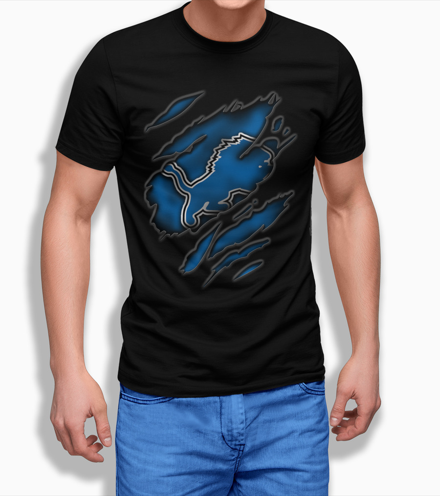 Torn Detroit Lions Blue And Black Rips T-Shirt