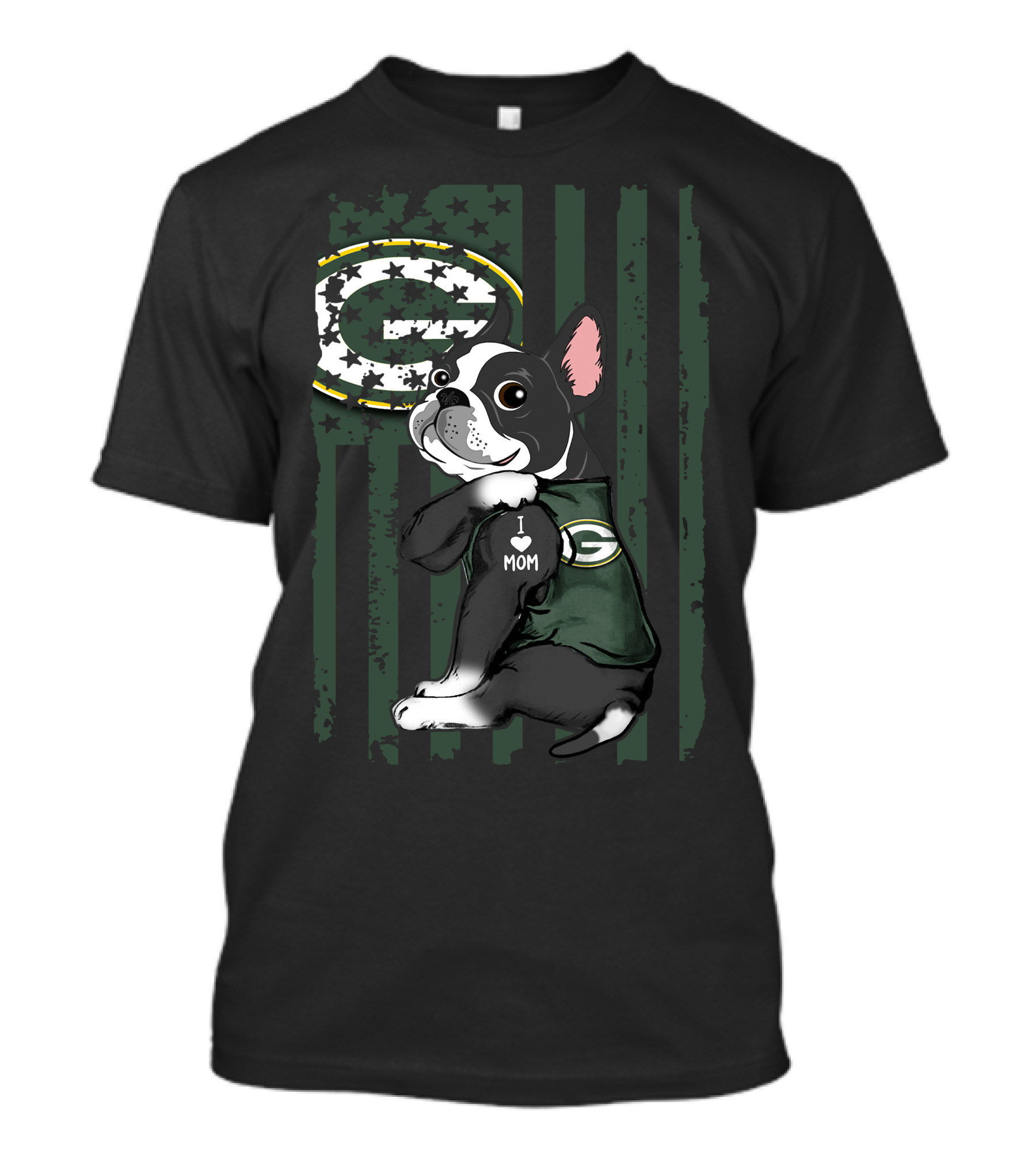 Boston Terrier I Love Mom Green Bay Packers Football Fan T-Shirt