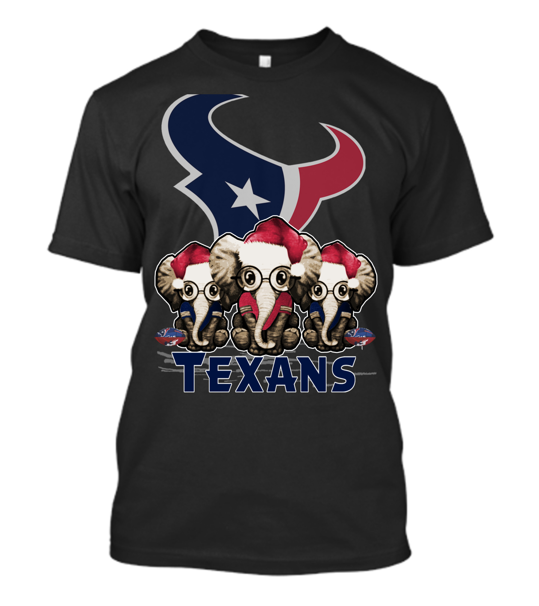 Houston Texans Elephant Xmas With Santa Hats And Glasses T-Shirt