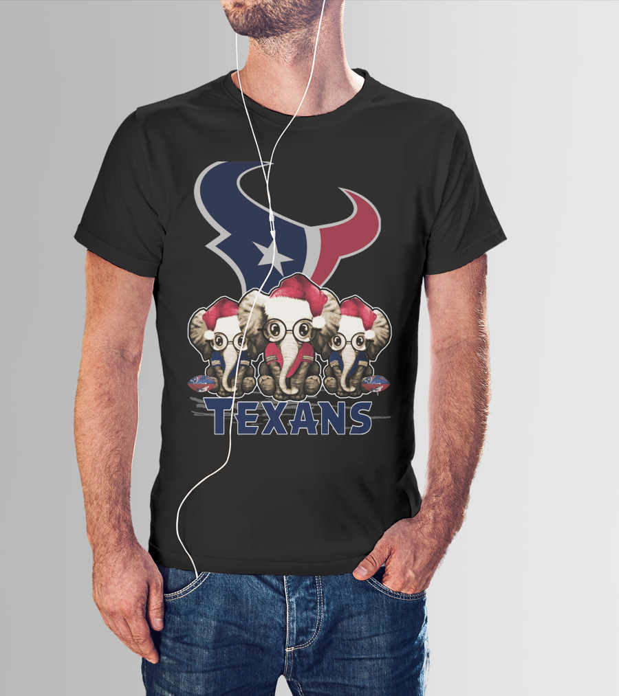 Houston Texans Elephant Xmas With Santa Hats And Glasses T-Shirt