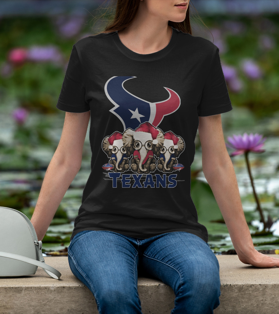 Houston Texans Elephant Xmas With Santa Hats And Glasses T-Shirt