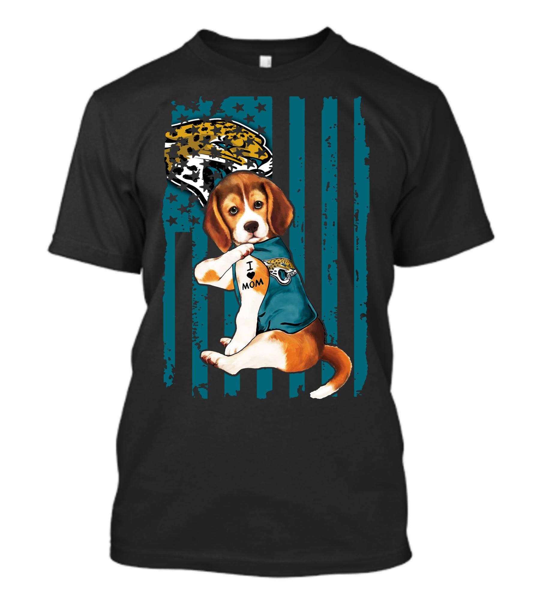Beagle Wearing Jacksonville Jaguars Jersey With I Love Mom Tattoo And Jaguar T-Shirt