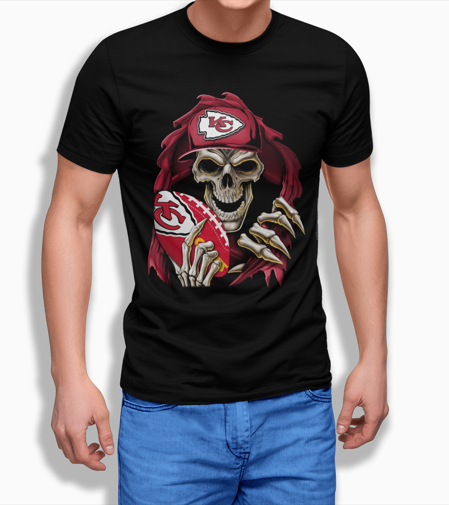 Skullbong Kansas City Chiefs Skeleton Holding Football with KC T-Shirt
