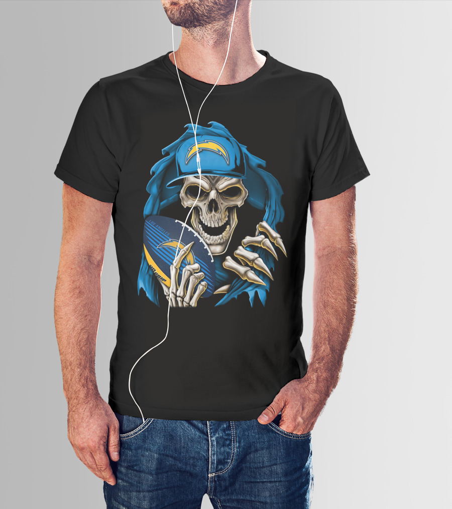 Skullbong Los Angeles Chargers Skeleton Holding Football With Blue Hood And Cap T-Shirt