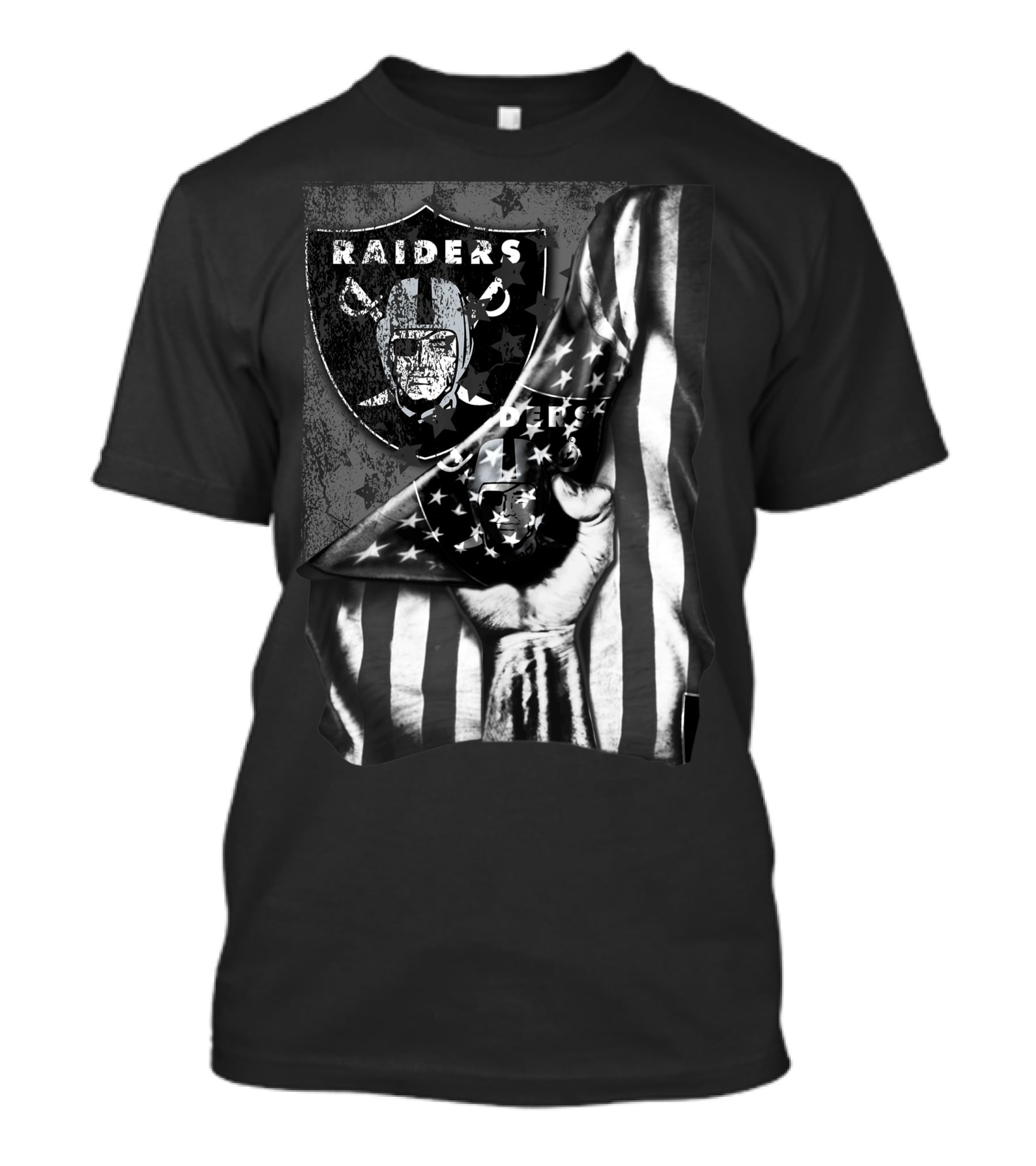 Raiders Shield With American Flag And Hand Holding Stars Grayscale T-Shirt