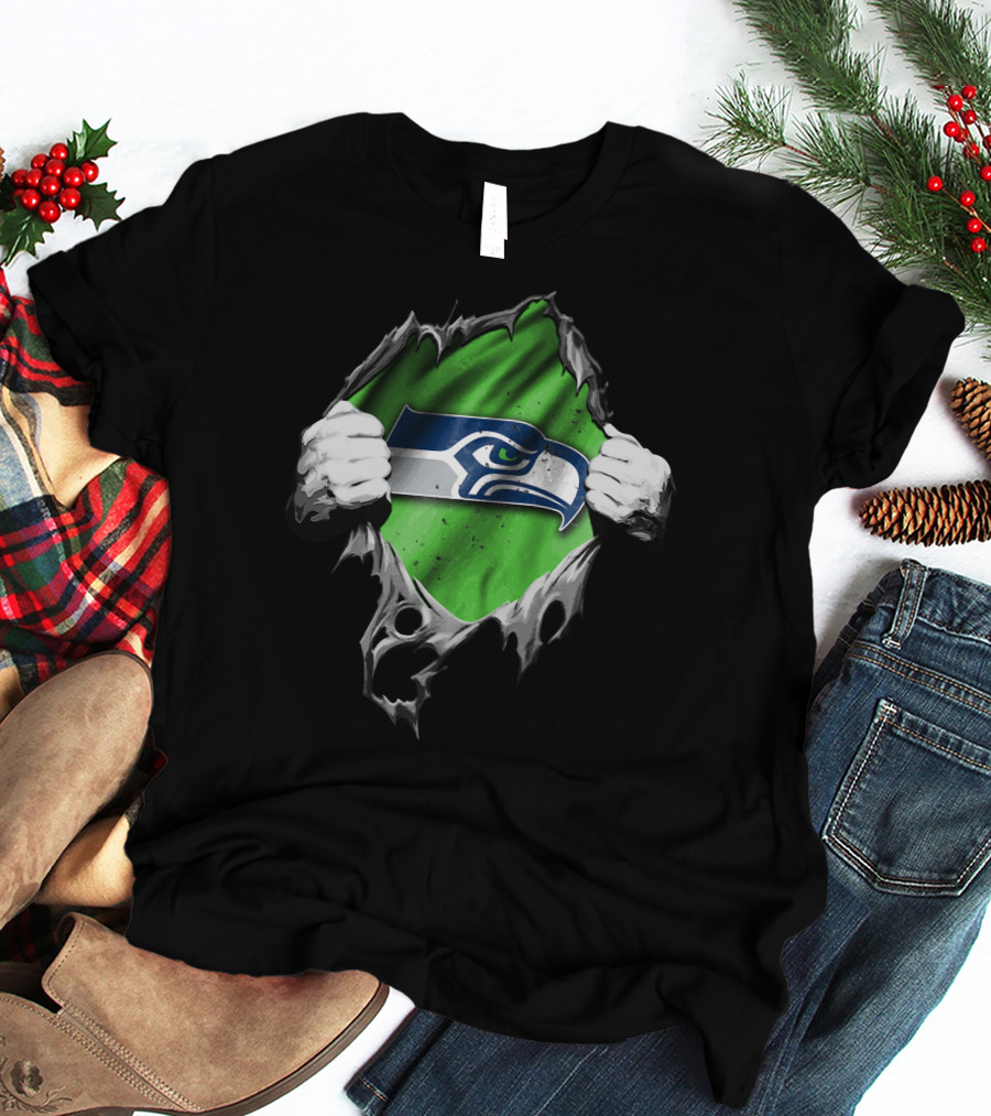 Seattle Seahawks Torn V2 Logo Peeking Through Ripped Fabric T-Shirt