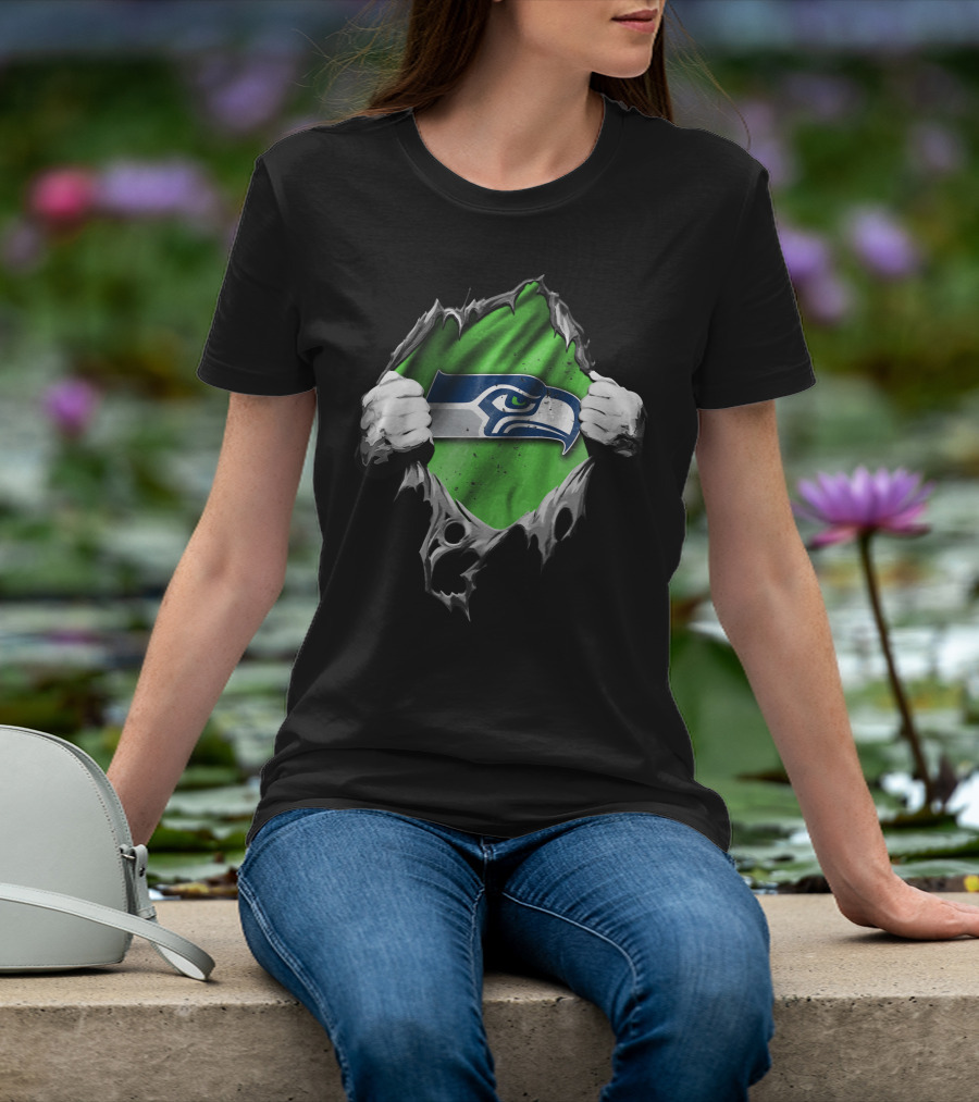 Seattle Seahawks Torn V2 Logo Peeking Through Ripped Fabric T-Shirt