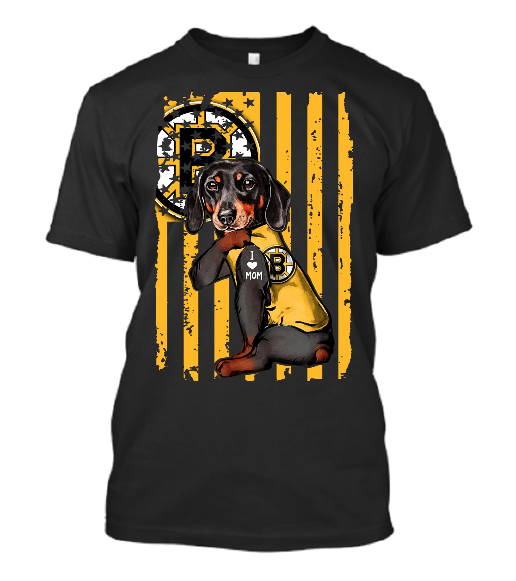 Dachshund I Love Mom Boston Bruins Stripes T-Shirt