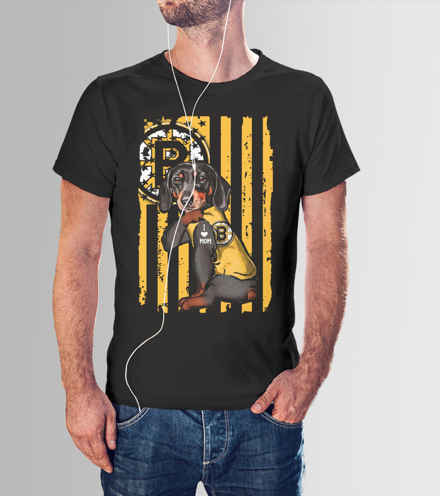 Dachshund I Love Mom Boston Bruins Stripes T-Shirt