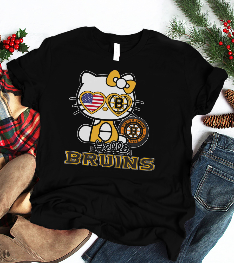 Hello Kitty Boston Bruins Established 1924 USA Flag Heart Sunglasses T-Shirt