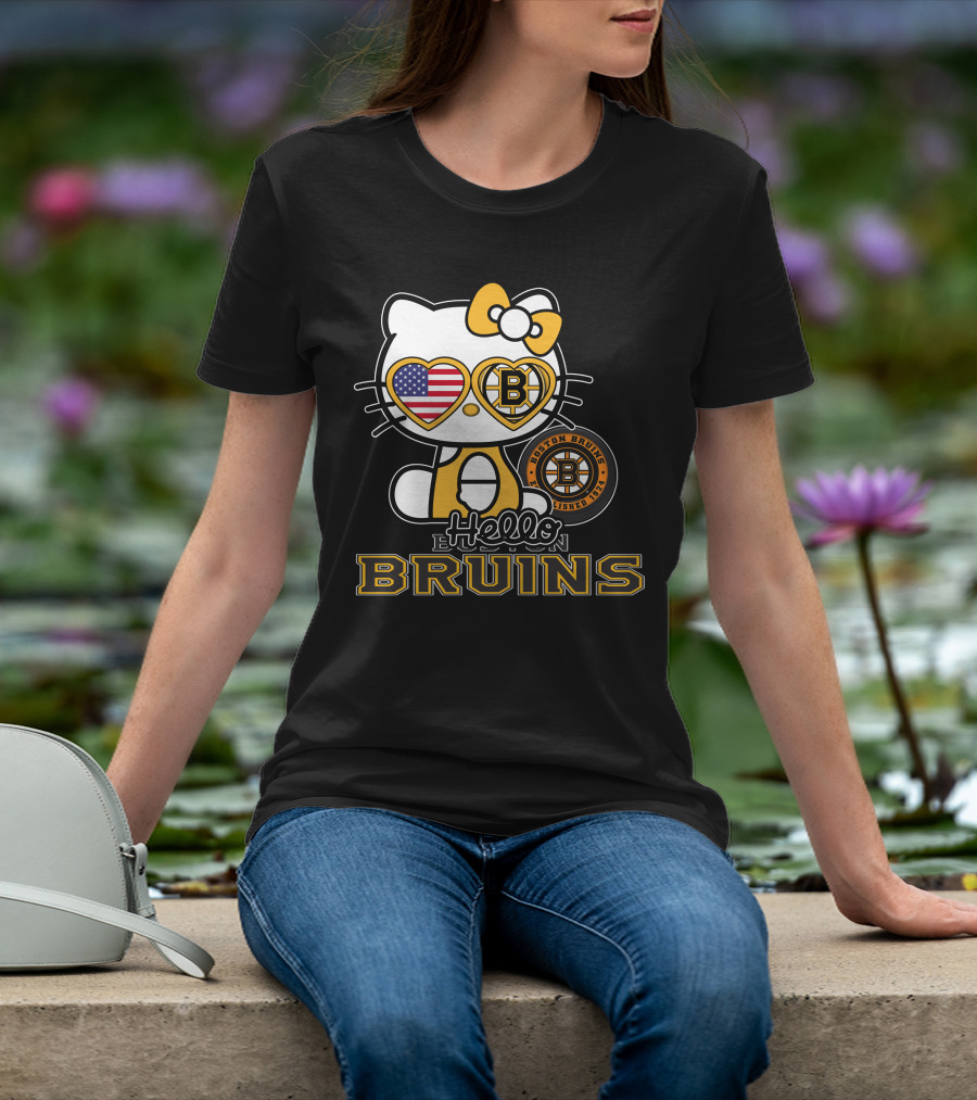 Hello Kitty Boston Bruins Established 1924 USA Flag Heart Sunglasses T-Shirt