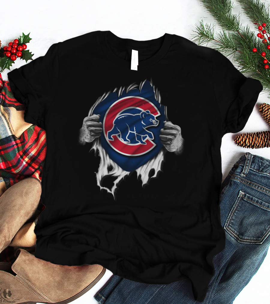 Torn Chicago Cubs Logo With Bear And Hands T-Shirt