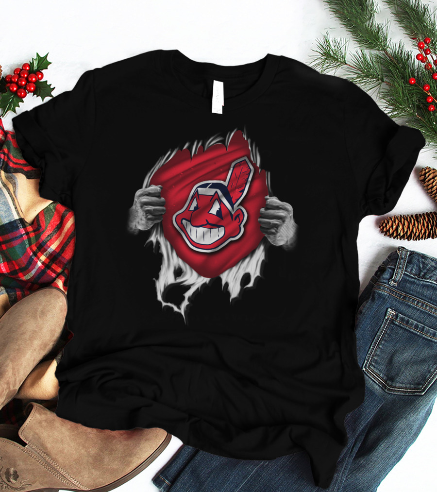 Torn Cleveland Indians Logo With Ripped Red Background And Hands T-Shirt