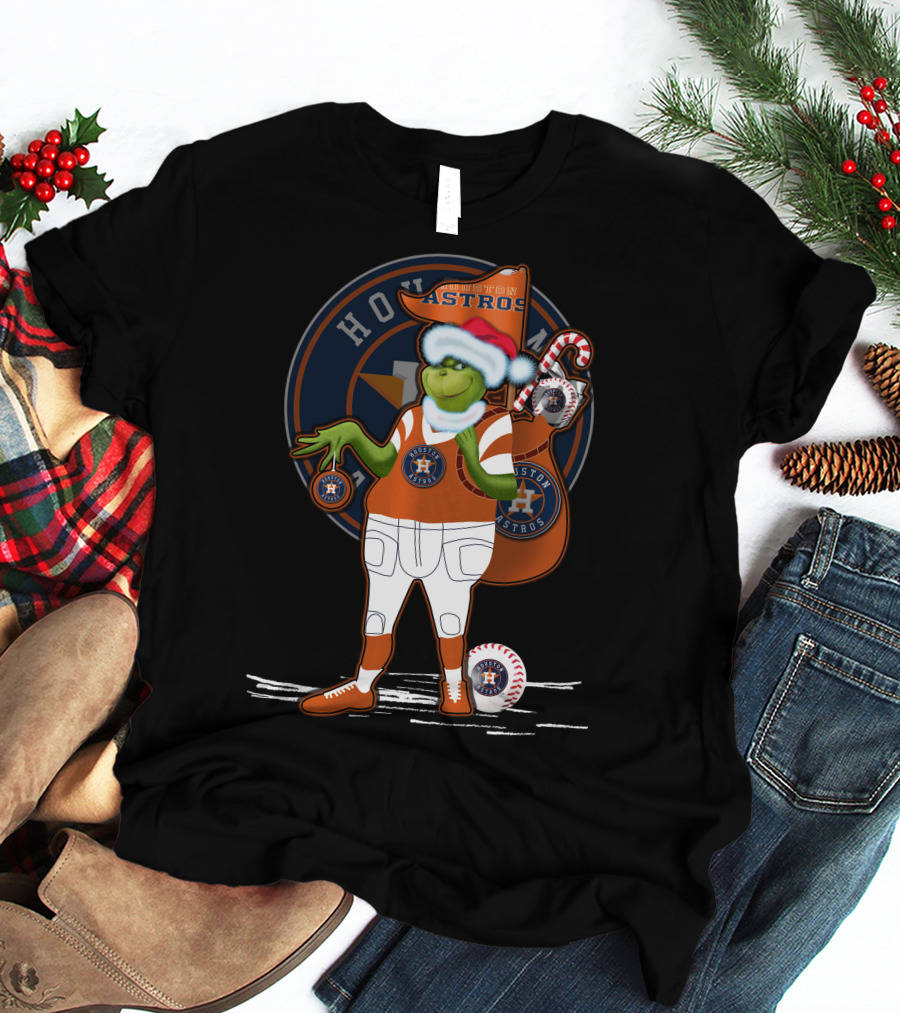Grinchxmas Houston Astros Santa Hat Baseball Player With Logo And Candy Cane Sack T-Shirt