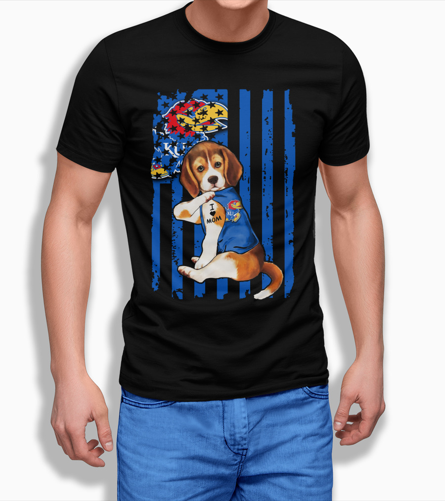 I Love Mom Beagle Wearing Kansas Jayhawks Logo Blue Flag Background T-Shirt