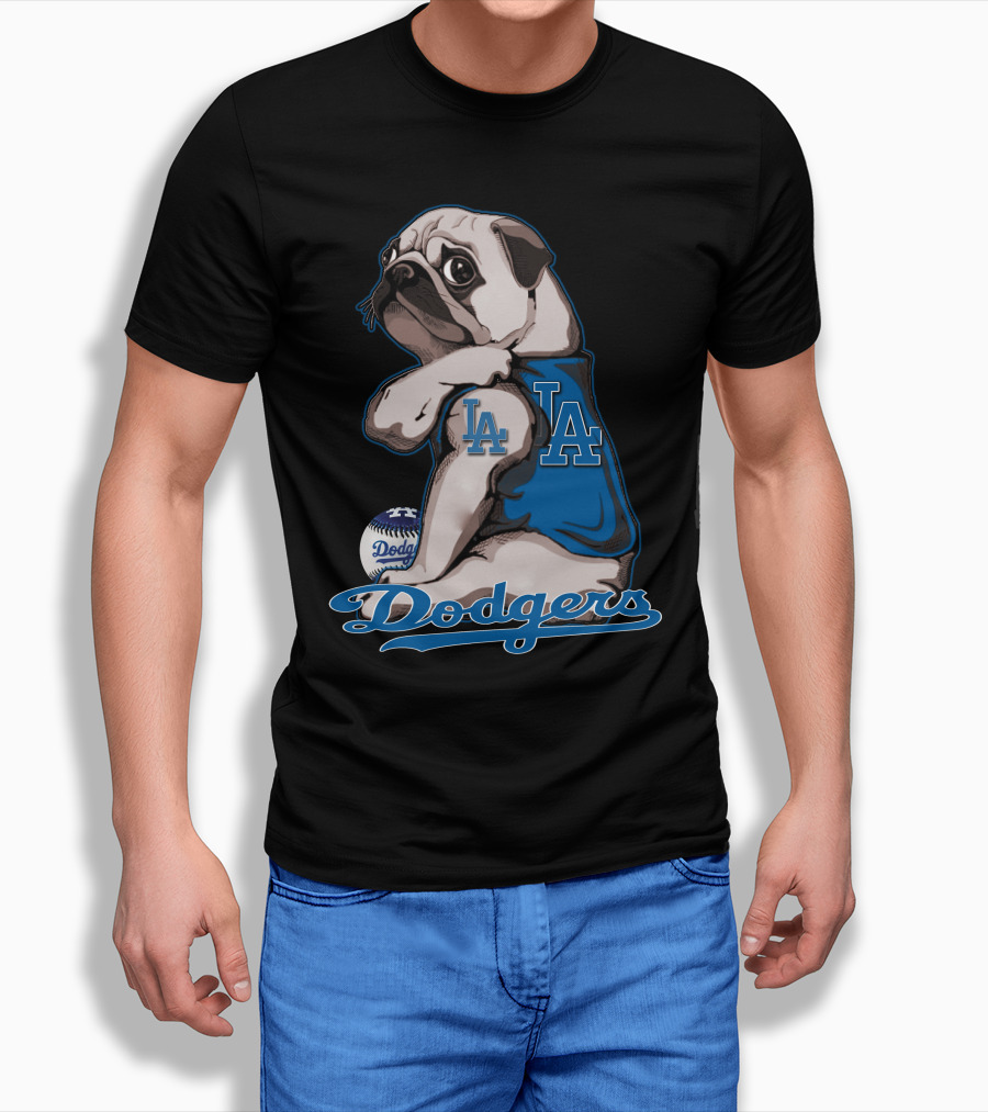 Pug Los Angeles Dodgers Mascot with Baseball and LA Insignia T-Shirt