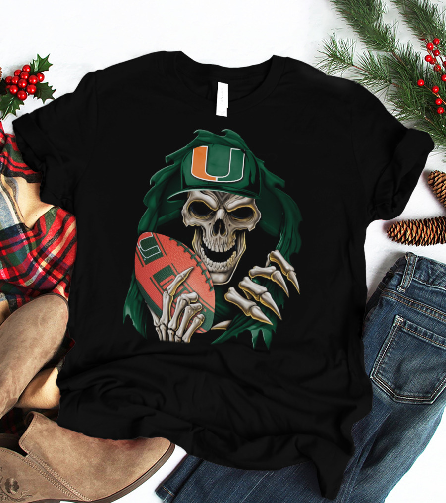 Skullbong Miami Hurricanes Skeleton Holding Football T-Shirt