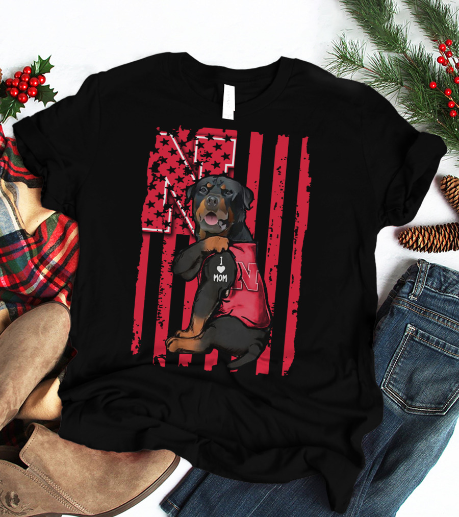 Rottweiler I Love Mom Nebraska Cornhuskers N Flag Stripes T-Shirt
