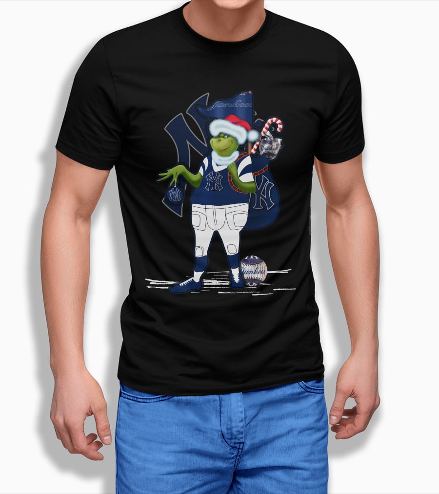 Grinchxmas New York Yankees Holiday Celebration with Santa and Candy Cane T-Shirt