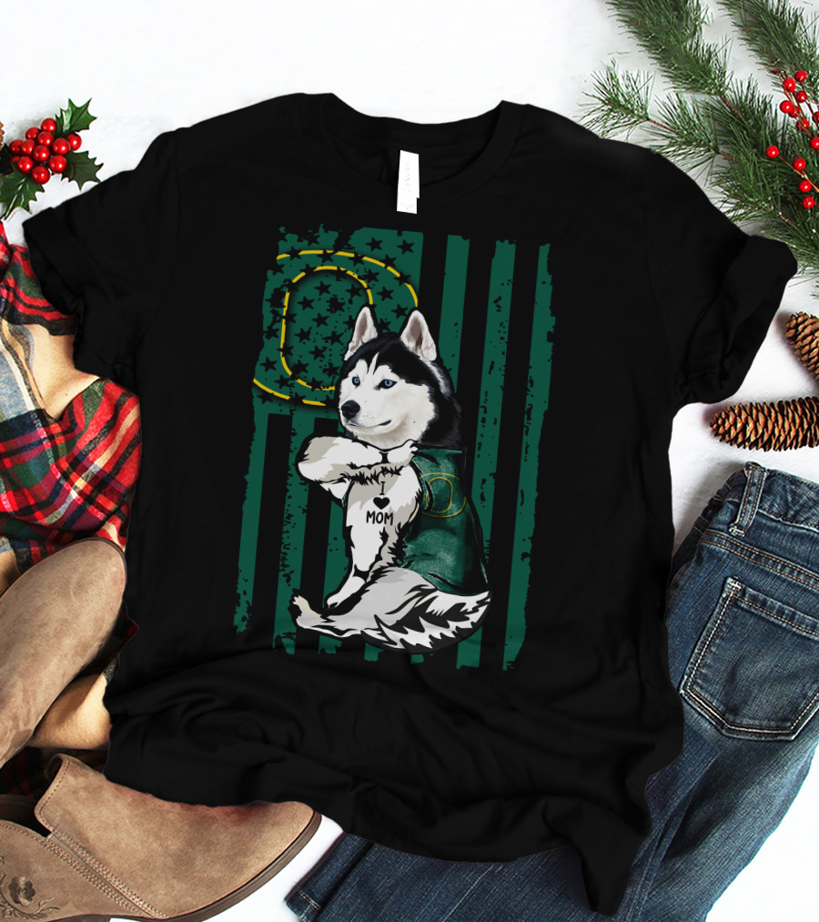Siberian Husky Oregon Ducks I Love Mom Flag And Stars T-Shirt