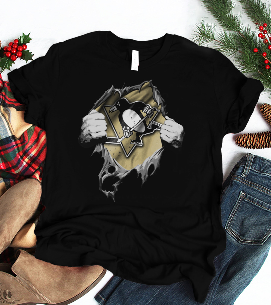 Pittsburgh Penguins Torn Hockey Logo With Ripped Hands T-Shirt
