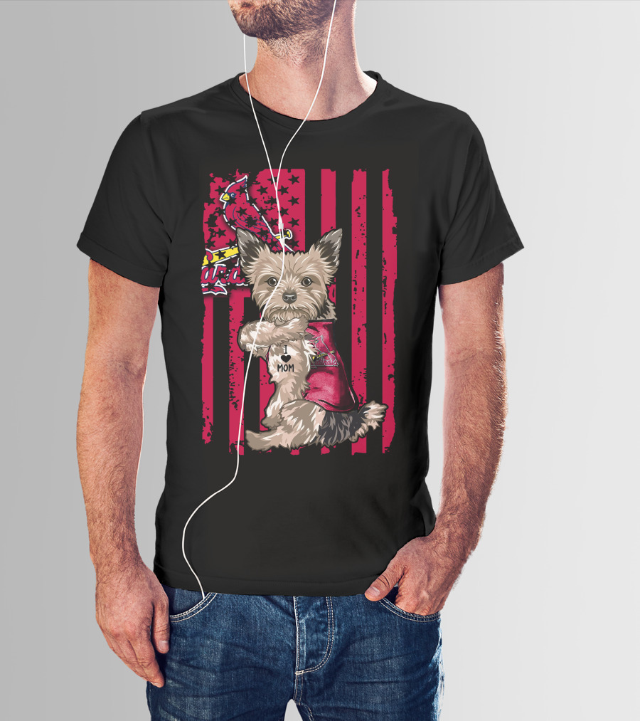 Yorkshire Terrier I Love Mom St. Louis Cardinals Usa Flag Stars Stripes T-Shirt