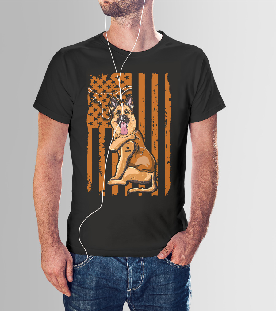 German Shepherd I Love Mom Texas Longhorns American Flag T-Shirt