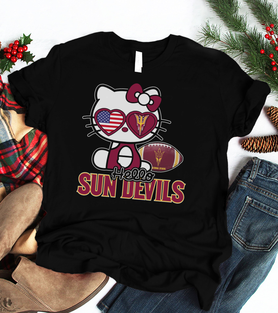 Hello Kitty Arizona State Sun Devils Football USA Heart Glasses T-Shirt